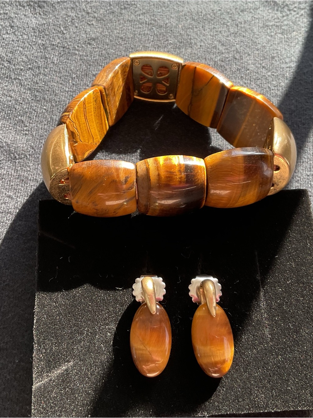 Lia Sophia Brown and Gold Tiger Eye Bracelet with Coordinating Earrings -Bundle